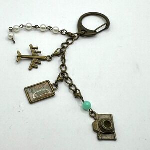 Vintage key chain Bronze tone World Travel Camera Airplane Map Charm Pearl Beads